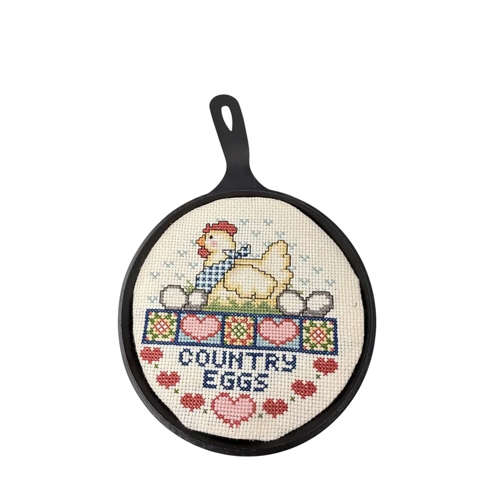 Cross Stitch Fry Pan Wall Decor Country Eggs & Bacon Pig Chicken Farmhouse
